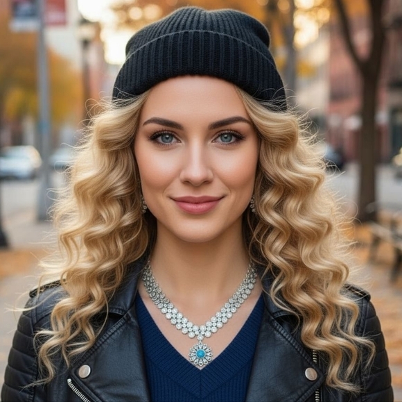 Vintage Style Boho Chic Stainless Steel Wide Flower Necklace Turquoise Accent - Picture 9 of 15